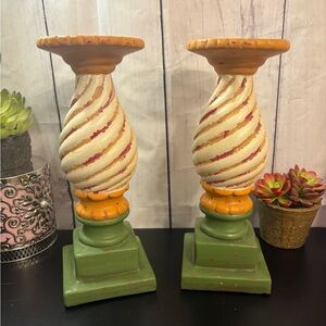 Southern Living Green and Cream Spiral Candle Holders